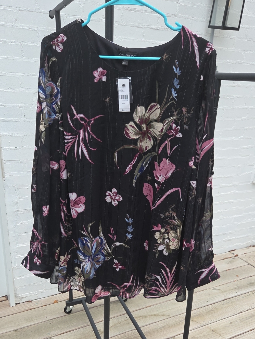 Lane Bryant Black Floral Long Sleeve Scoop Neck Blouse 14/16 NWT